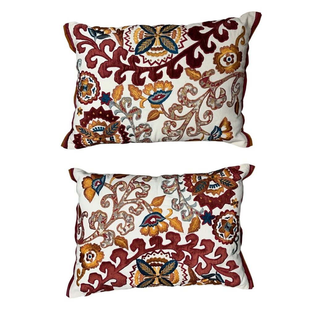 Pier 1 Embroidered Moroccan Lumbar Throw Pillows Set of 2 12x17" Bohemian